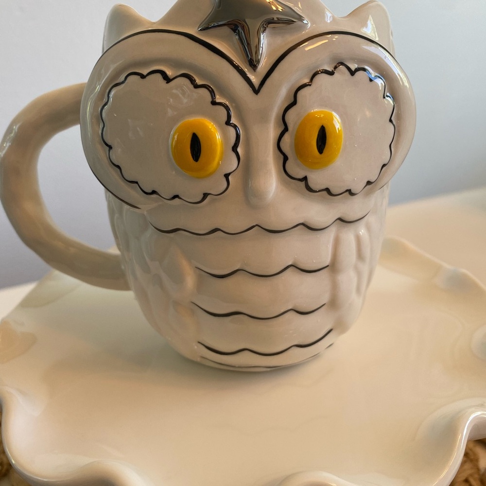 Anthropologie Francesca Kaye Halloween Owl Magic Mug Fall Birds Handpainted NIB